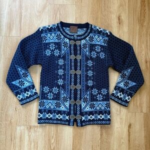 Christiania Norwegian Wool Snowflake Sweater Cardigan Pewter Clasp Blue Sz Small